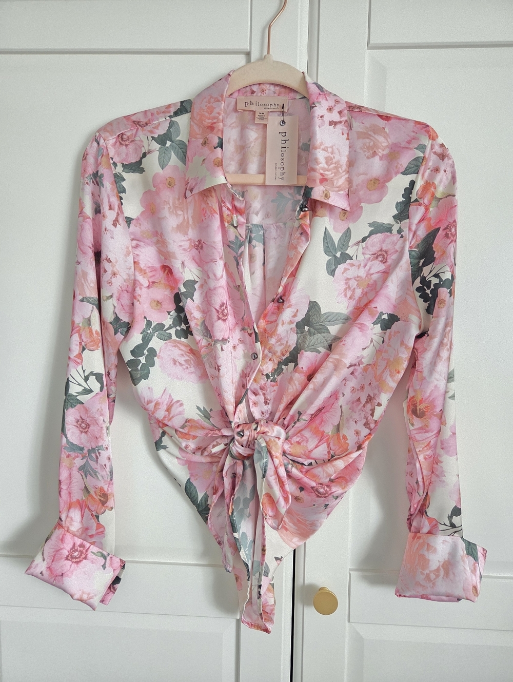 Philosophy Peony Rose Floral Silky Button-Down Blouse